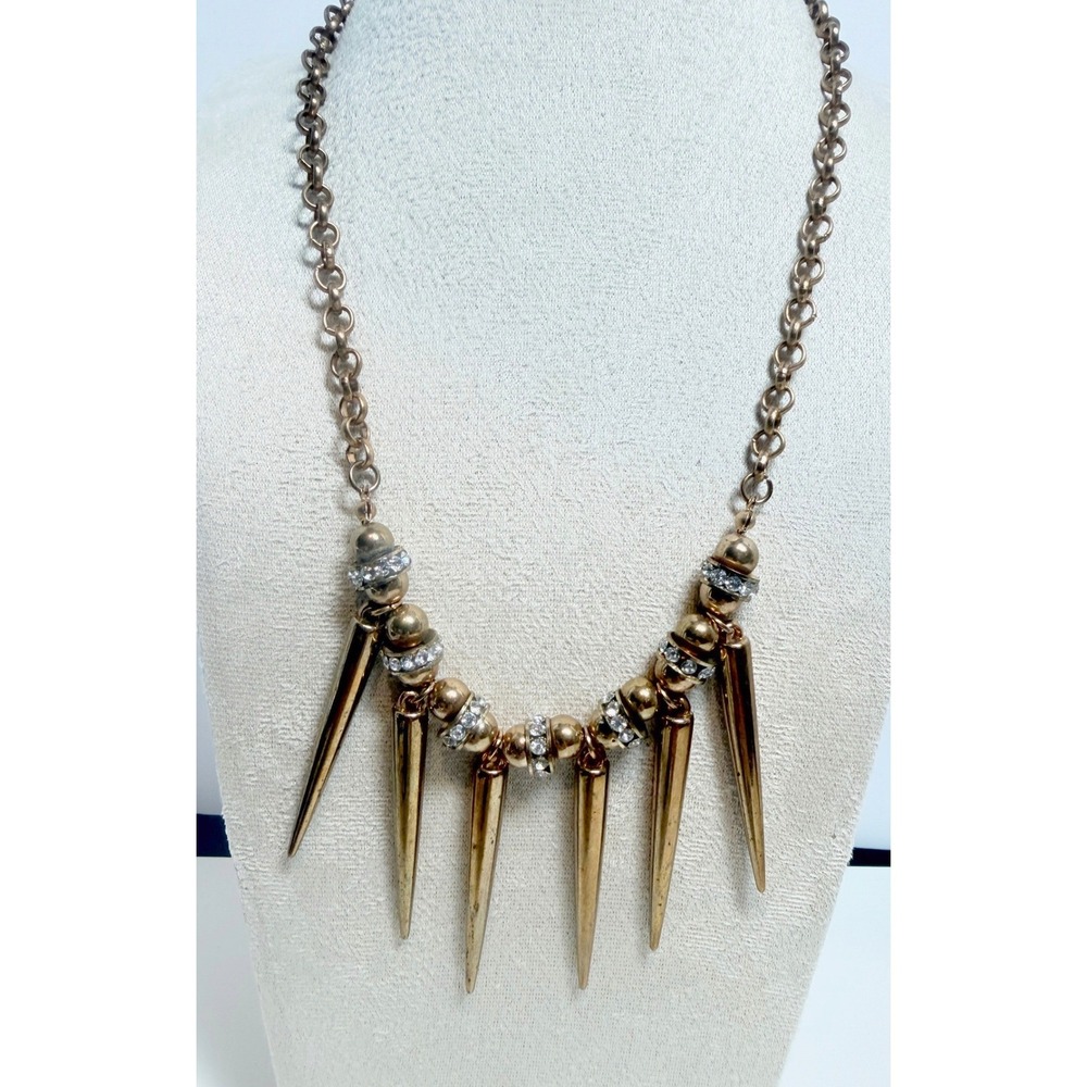 Ethel & Myrtle Gold Tone Spike Bib Necklace Rhinestone Statement Jewelry